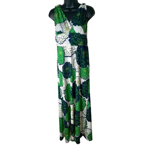 Green Blue White Floral Halter Maxi Dress Stretch Comfort Summer Spring Casual M - Picture 2 of 9